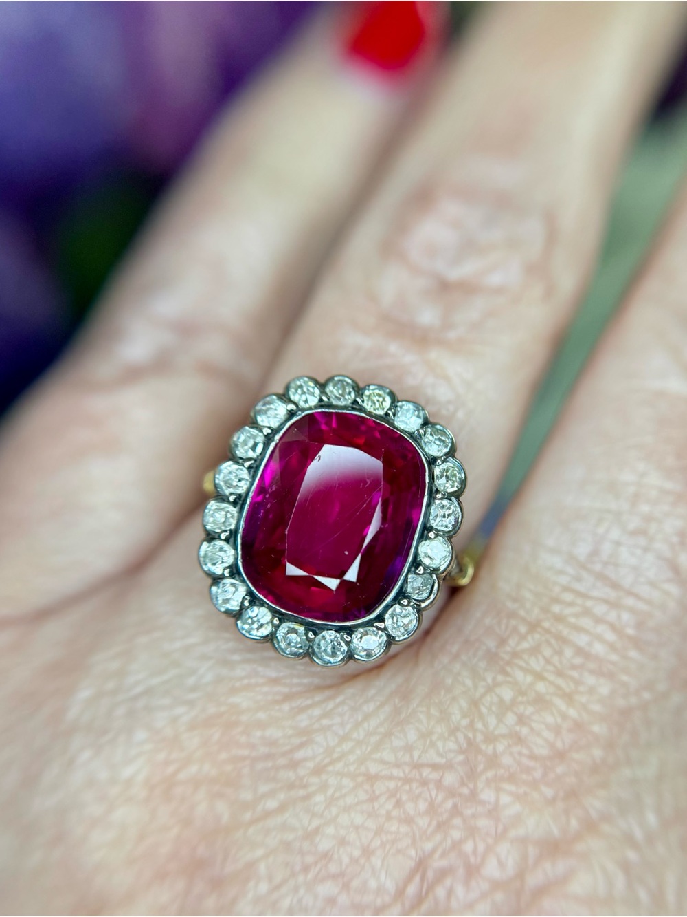 Antique Edwardian 18k Yellow Gold Silver Topped Ruby Diamond Ring - Picture 4 of 11